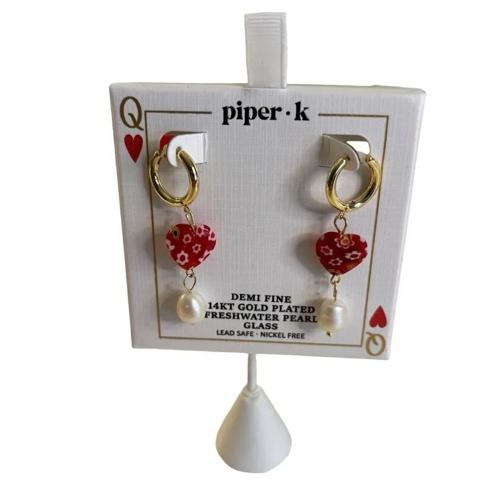 14k Gold Plated Freshwater Pearl & Red Glass Heart Drop Leverback Earrings.